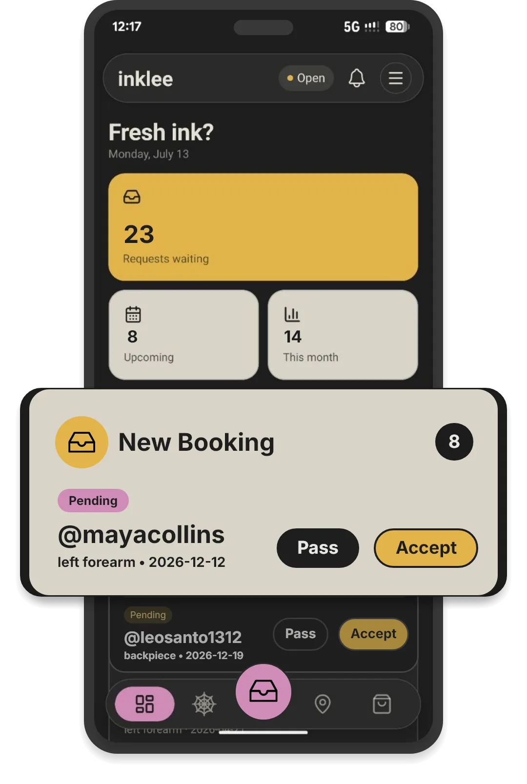 Inklee app dashboard on a phone, showing booking requests waiting to be accepted or passed